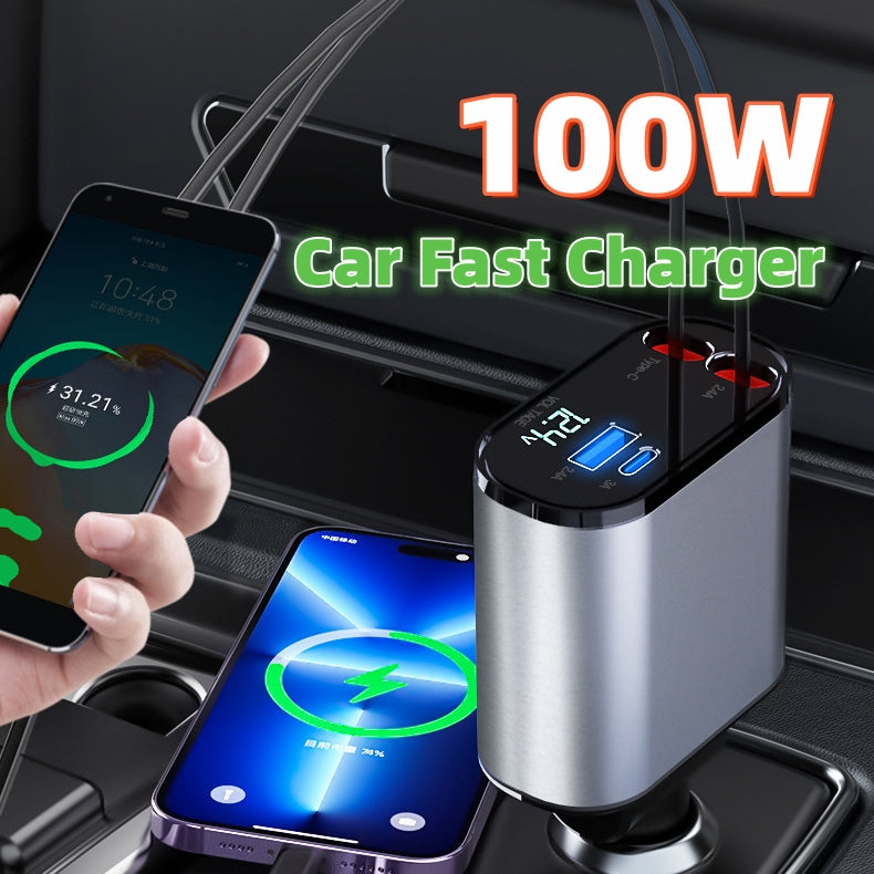 Super Fast Car Charger with Built in Cables (100W)